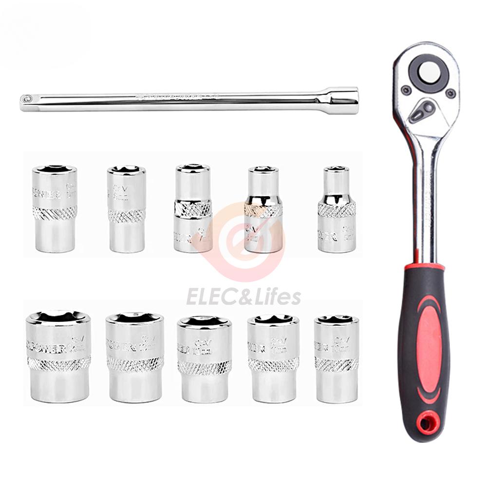 12-teiliges Steckschlüssel-Set mit 1/4 Zoll, 3/8 Zoll und 1/2 Zoll Verlängerungsstange, multifunktionaler Ratschenschlüsselsatz, Handwerkzeug-Set für Auto- und Motorradreparatur