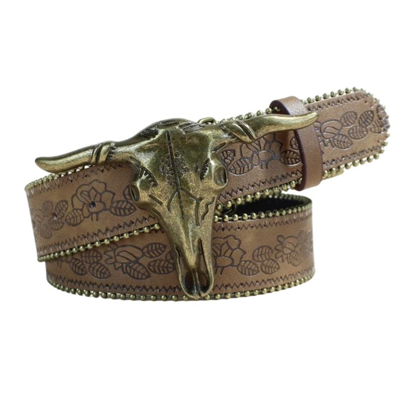 Western Engraved Leather Belt Adjustable Waistband Durable PU Material For Men Women Fashion Enthusiasts