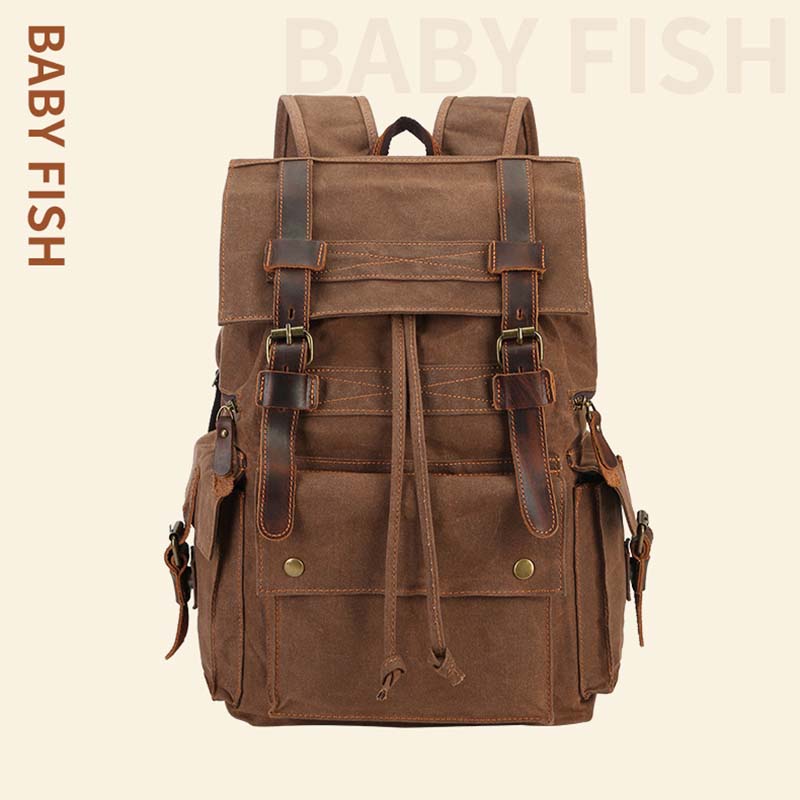 Vintage Distressed Leather Waxed Canvas Backpack Large Capacity Multiple -pockets New Waterproof Drawstring Outdoor Travel Double-Shoulder Bag