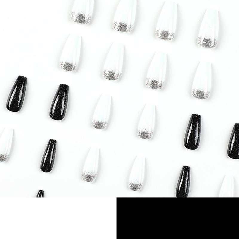 24Pcs/Set Quick Nails Long Black And White Glitter Powder Adesivo False Nials Wearable Waterproof Manicure Acabamento Unhas