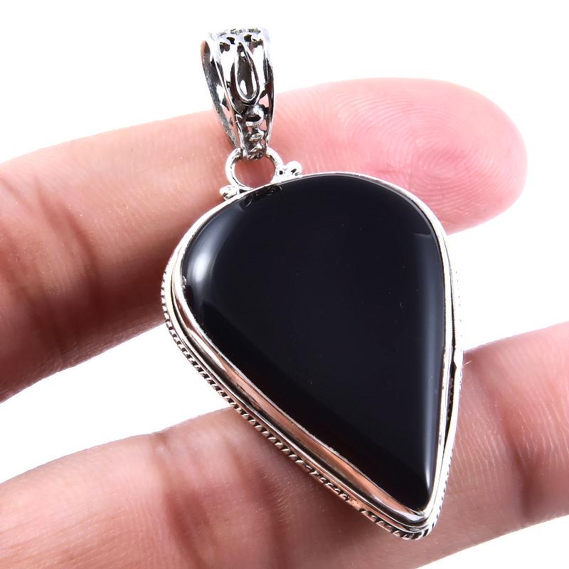 Přívěsek z přírodního černého onyxu, drahokam 925, masivní sterlingové stříbro, 1,8 cm, U3A43