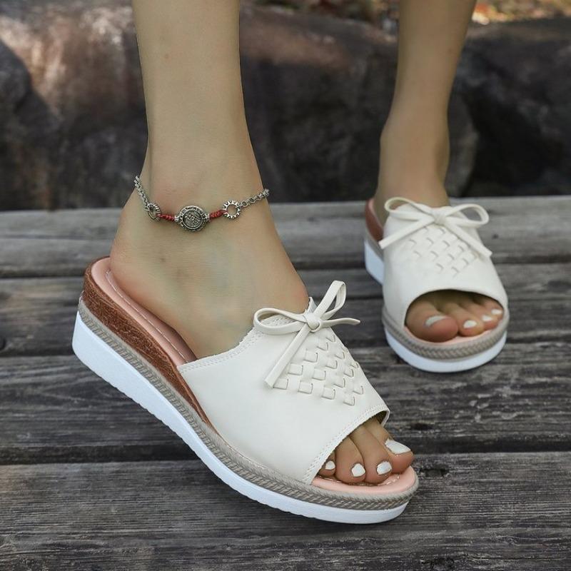Fashion Pu Leather Women's Wedge Sandals Summer 2025 Bowknot Open Toe Plus Size Rome Sandals Woman Comfortable Lightweight Beach Sandles