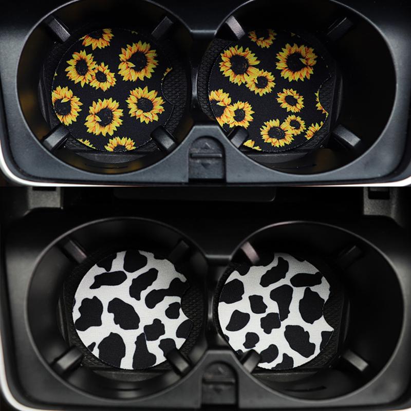 2PCS Car Coaster Water Cup Bottle Holder Waterproof printing Anti-slip Pad Mat Composite rubber Interior Decoration  Accessories