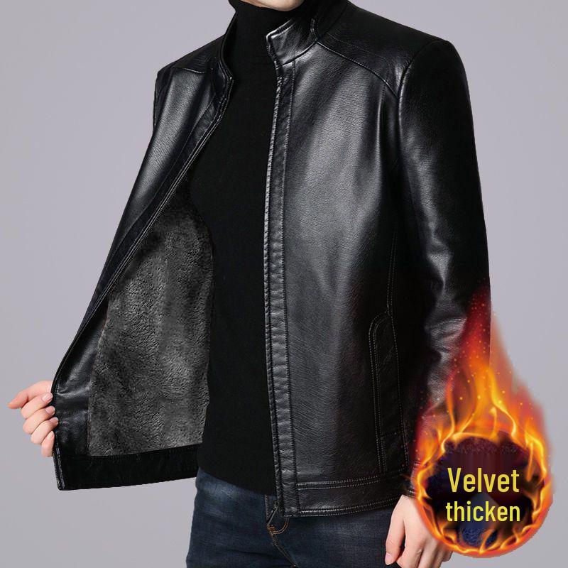 Men's Leather Jacket for Mid-Aged & Elderly: Fleece-Lined, Thickened, Windproof, Detachable Fur Collar, Winter Warmth for Dad.