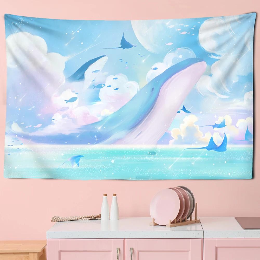 Tapestry Aesthetics Cartoon  Sky Dolphin  Pink Purple Cloud  Bedroom Wall Home Decoration