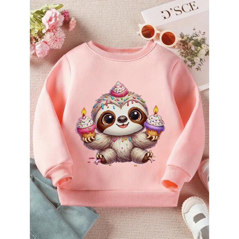 European Sizes Kids"Cuddly Sloth Celebration"Print Long Sleeve Crewneck Sweatshirt - Soft Casual Pullover Top with Cute Graphic Print