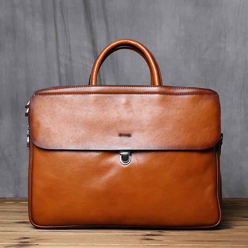 NZPJ Genuine Leather Men's Briefcase Vintage Natural Cowhide Handbag Large Capacity Crossbody Bag Casual Fashion Computer Bag