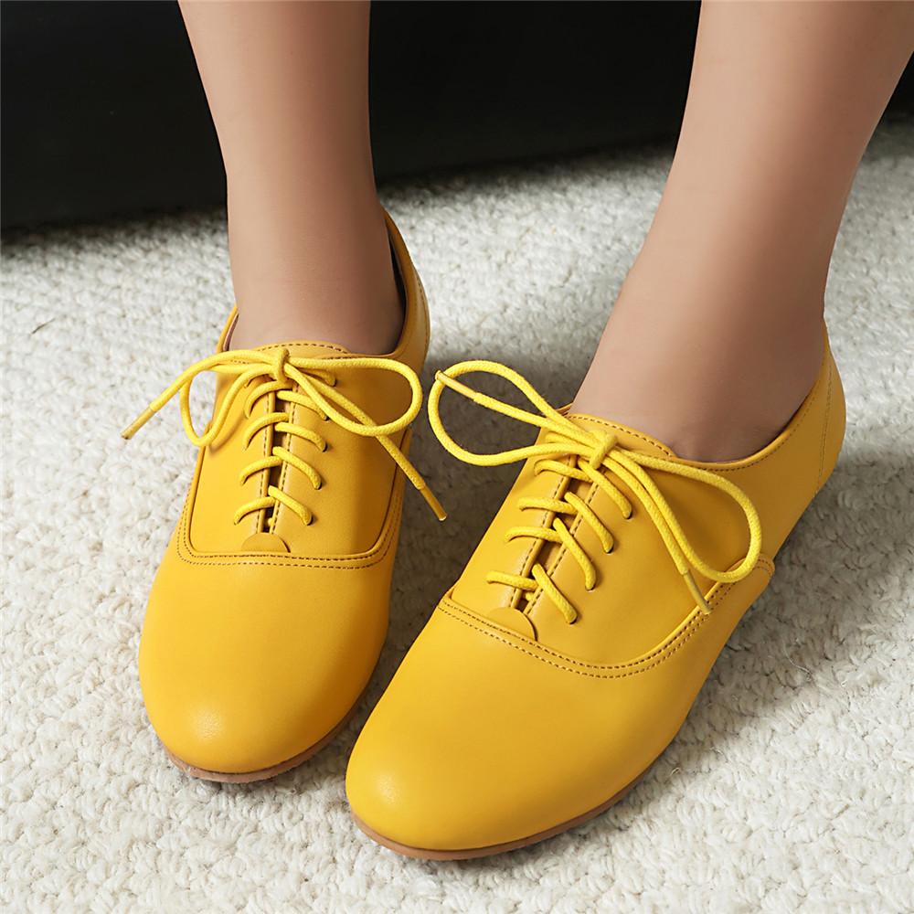 Fashion Woman Round Toe Casual Shoe Oxfords Female Footwear Leather Dress Rubber Solid Leisure Lace-Up Rome Flat PU Fabric Brogue 35-43