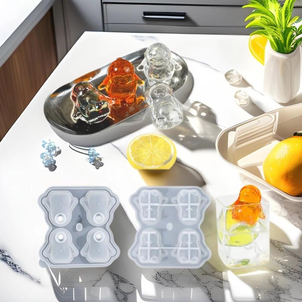 Creative Penguins Shaped Ice Cube Maker 4 Compartment Flexible Silicone Mold with Covers for Drinks Household Use