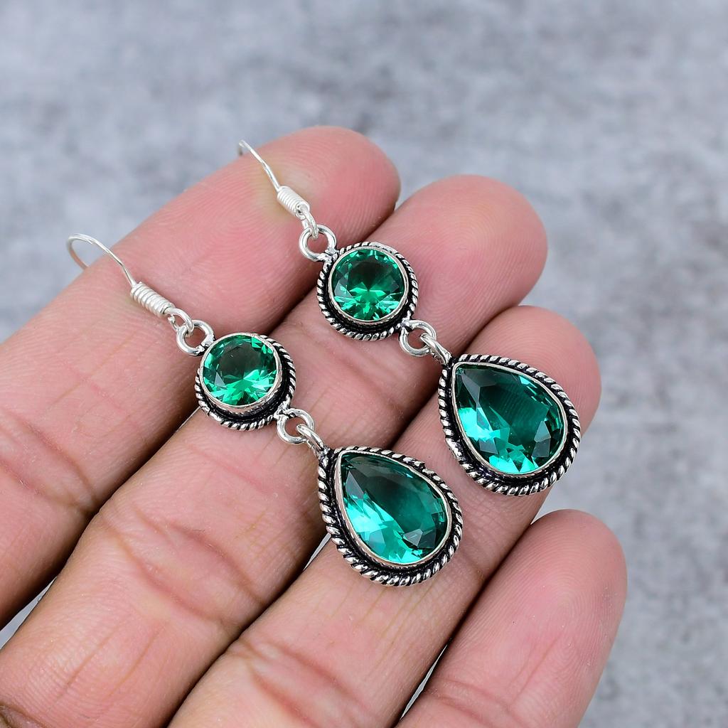 Green Tourmaline Gemstone Handmade 925 Sterling Silver Earring 2.56" M-348