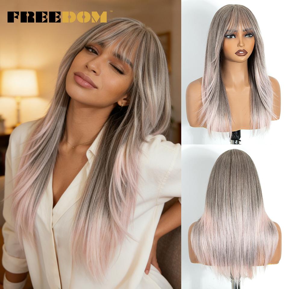 FREEDOM Synthetic Lace Front Wigs For Women Straight Layered Pre-cut Lace Wig With Bangs 20" Ombre Brown Blonde Pink Cosplay Wig