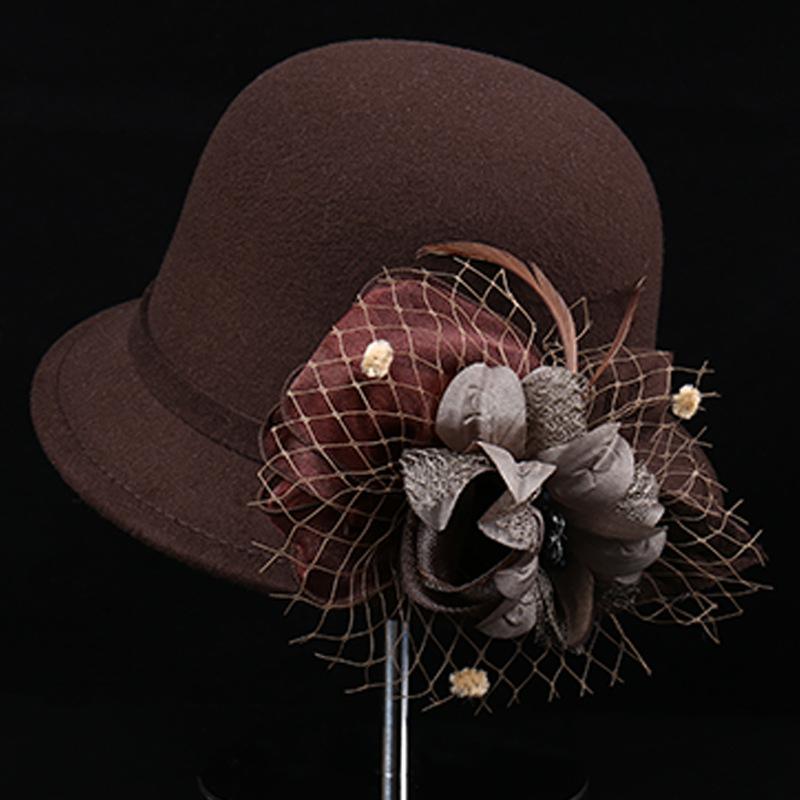 Autumn and winter new feather flower woolen top hat women's British retro casual bucket hat fashion mesh small brim basin hat