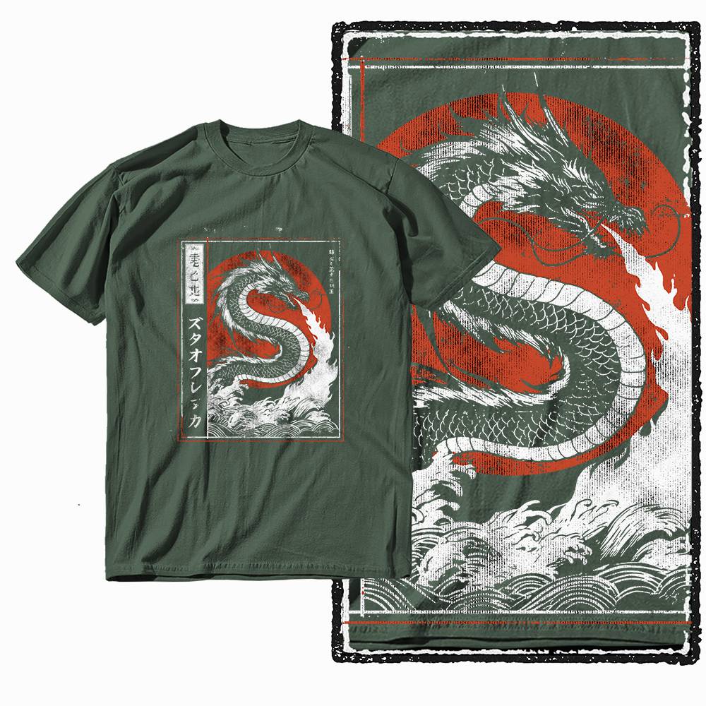 G28 Army Green Cotton Cool Dragon Graphic Men T-shirt | Streetwear Big Size Vintage O-neck Men's Tee Tshirt