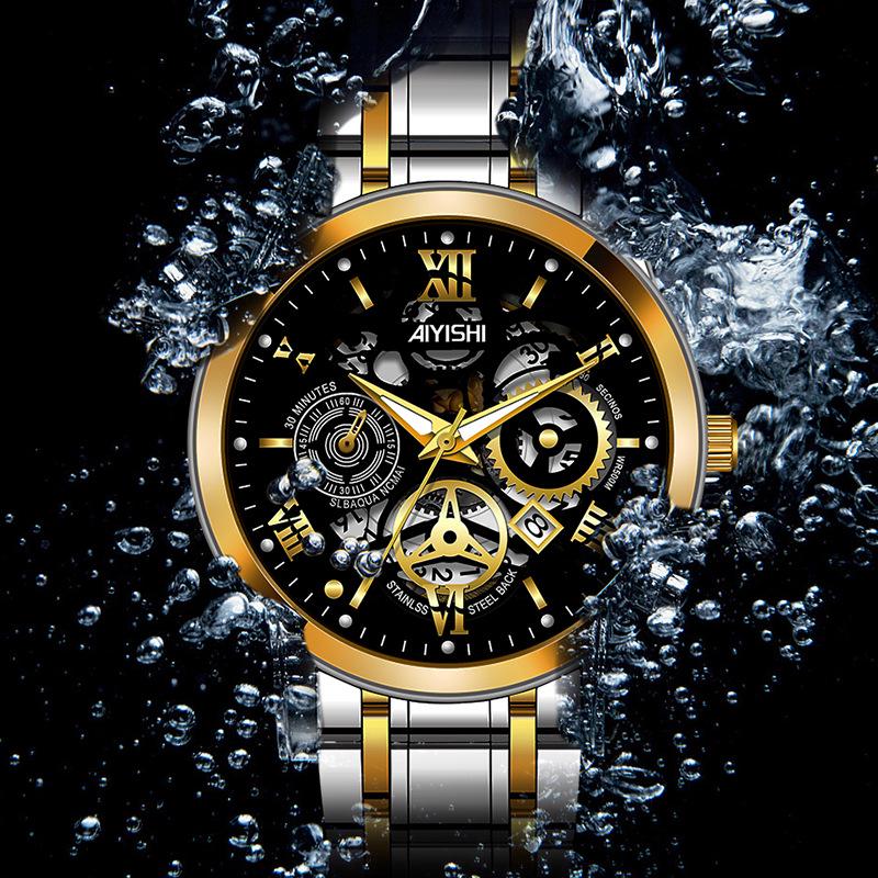 Men's Stainless Steel Waterproof Quartz Watch, Fully Automatic, Luminous, with Calendar and Steel Band