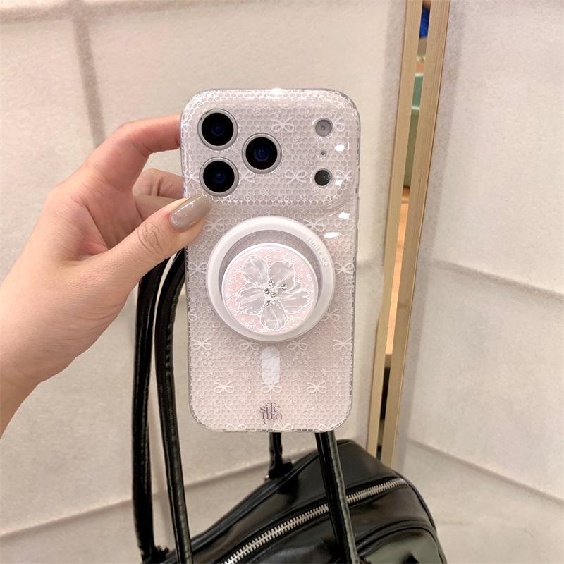 Lily Flower Magnetic Phone Case for iPhone 17/16 Pro Max/15/14 - Women's Powder Grid Bow Design