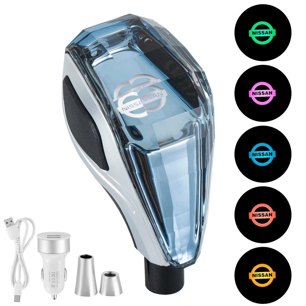 For Nissan MBQ0Car Crystal Gear Shift Head LED Illuminated Logo Gear Head for Nissan X-trail Qashqai Rogue Kicks Tiida Altima Versa Juke Altima