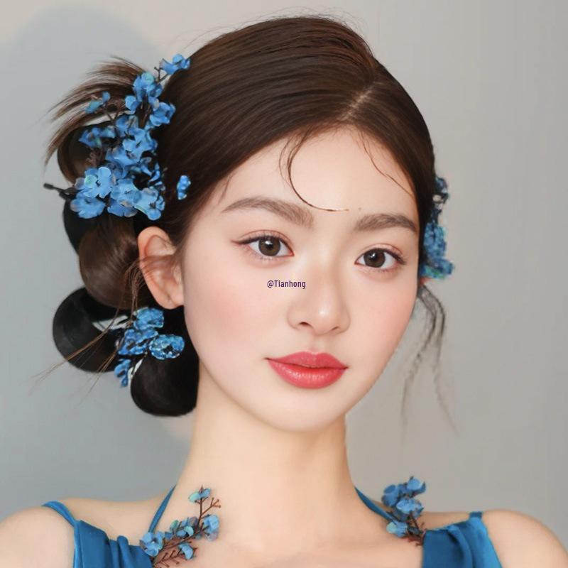 Blue Flower Bridal Headpiece - New Chinese Mori Style for Morning and Evening Gowns