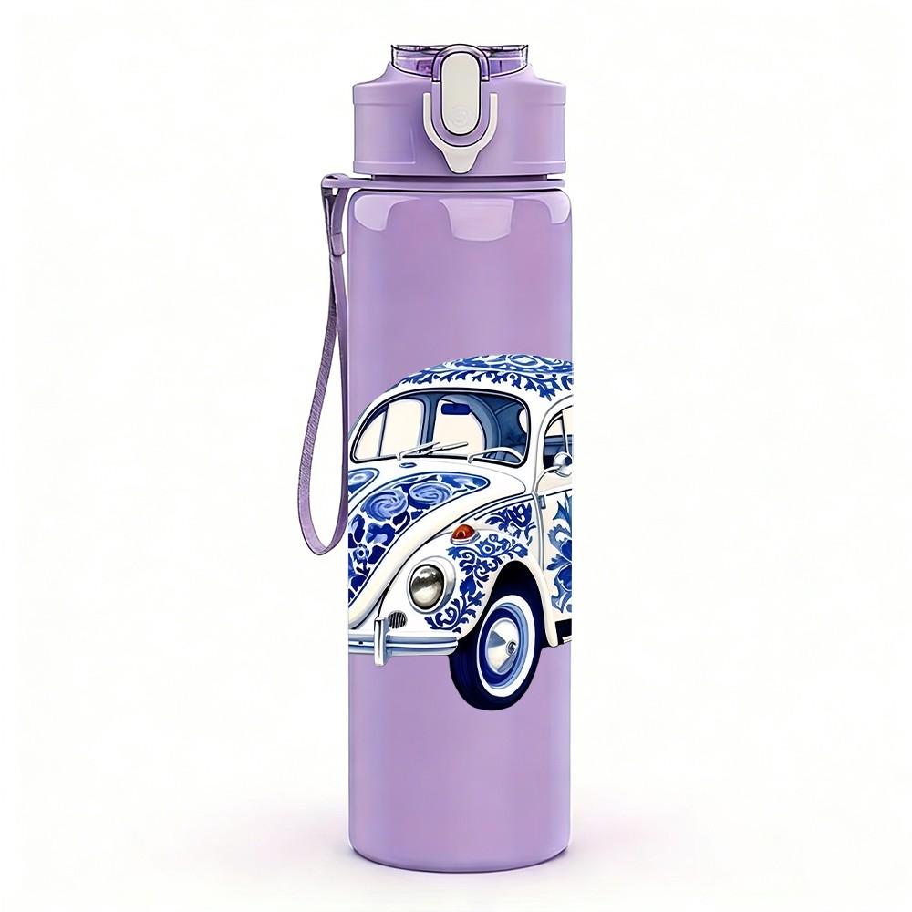 1PC Vintage Blue Beetle Car Retro Pattern 750ml Color Plastic Sports Water Bottle Leakproof Flip Straw Lid Suitable for Sports Office Home Use