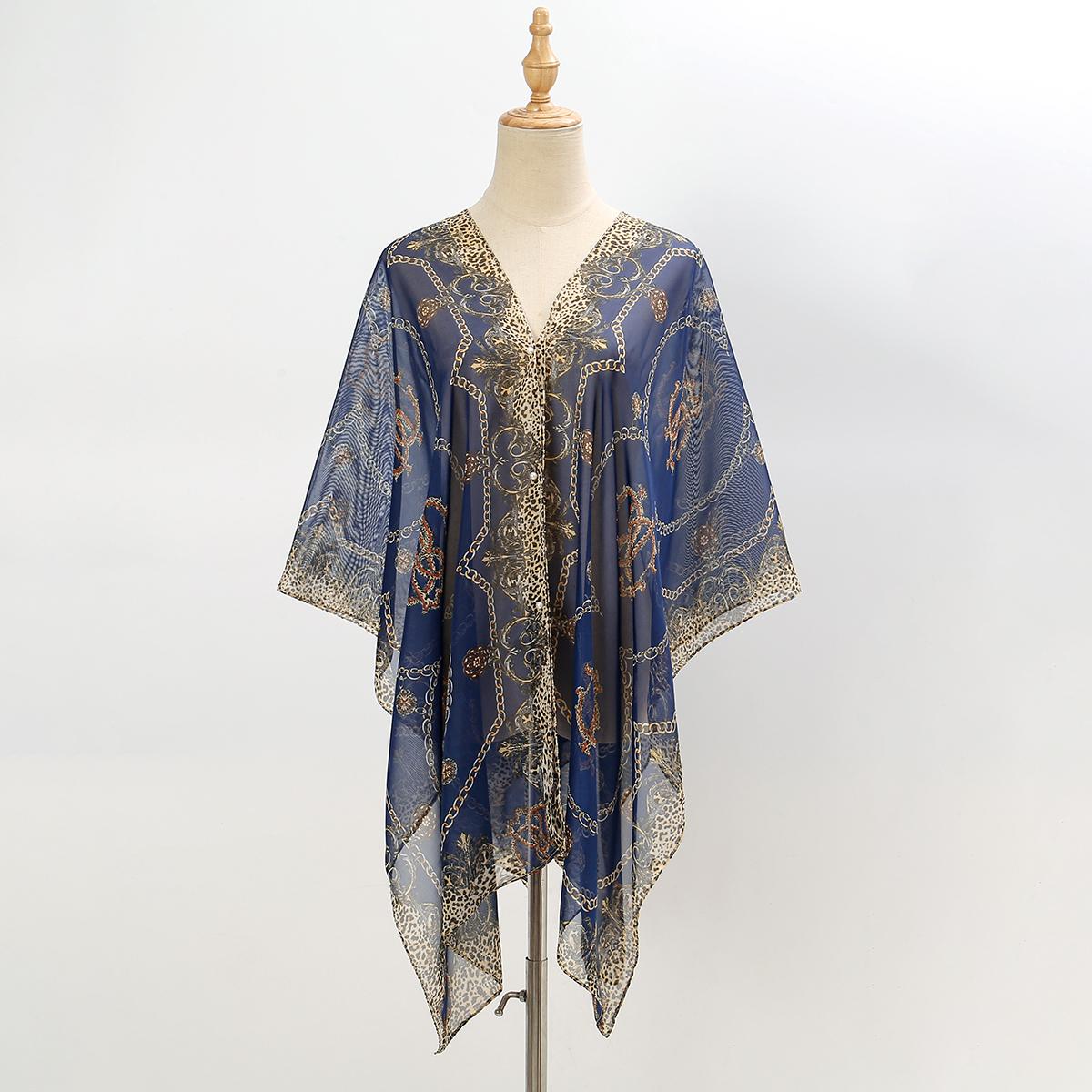 Vintage Print Chiffon Shawl Pearl Scarf Women Sun Protection Scarves Summer Beach Multifunctional Silk Scarf 150*100Cm