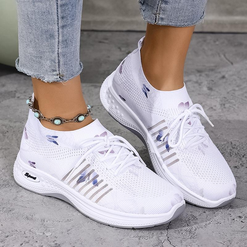 

Fashion White Print Breathable Mesh Sneakers Women Spring Autumn Soft Sole Knitting Flats Woman Slip On Comfort Non Slip Walking Shoes 42 белый
