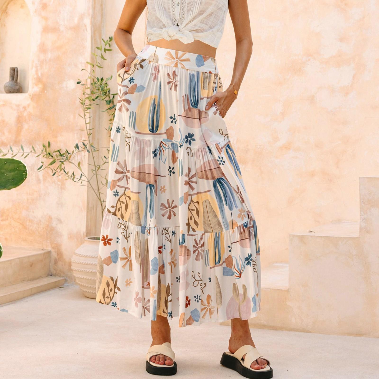 

Женские юбки макси с цветочным принтом, летние платья-трубы, длинная плиссированная пляжная юбка А-силуэта XL