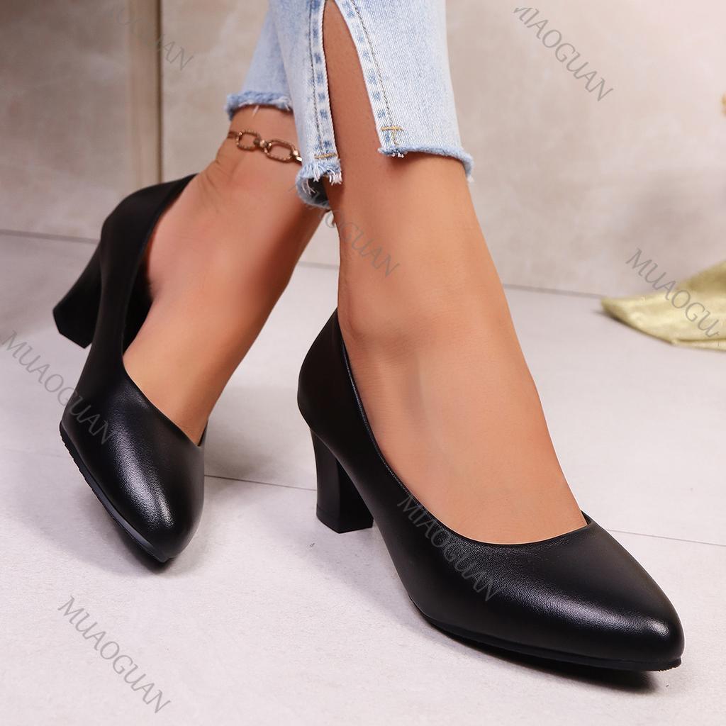 Fashion Women Pumps Shoes PU Leather Shallow Slip-On Round Toe Chunky High Heels Shoes Spring Autumn Casual Solid Work Heels for Women