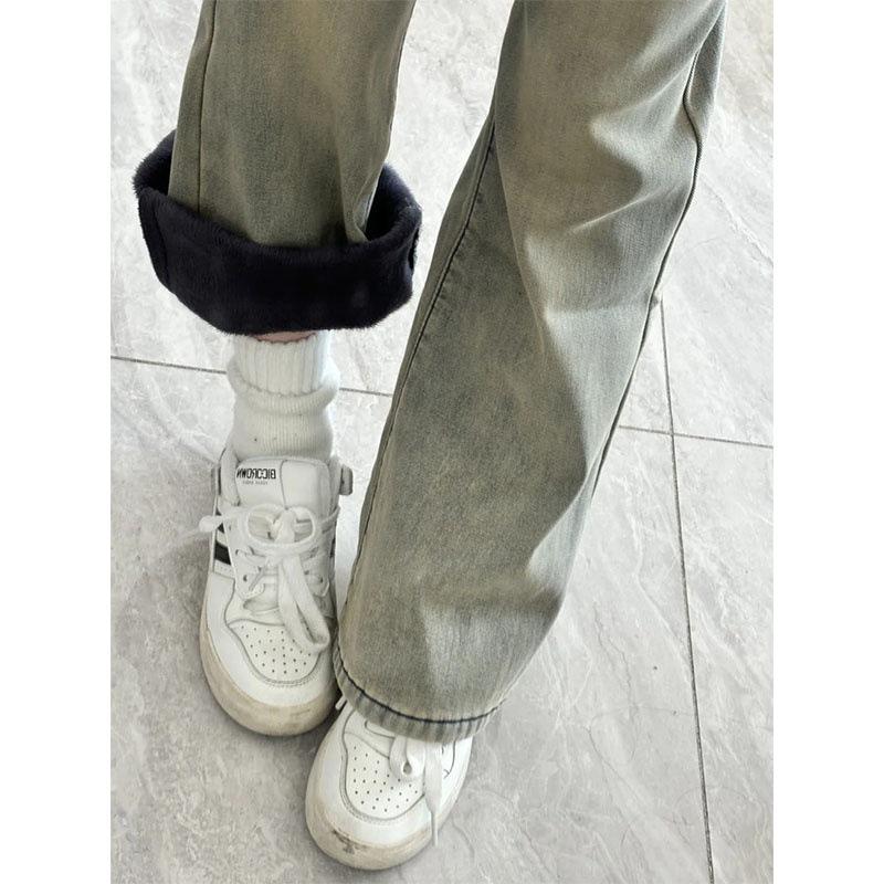 

Women s American Style Micro Flare Jeans, Thickened Yellow Mud Color, Plush, Wide Leg, Straight Fit, Autumn/Winter 2025. 4XL