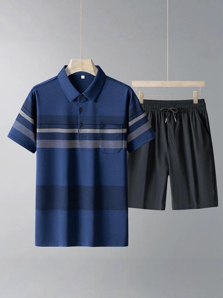 Men's Casual Ice Silk Sports Suit - Short Sleeve Polo Shirt & Shorts for Middle-Aged and Elderly