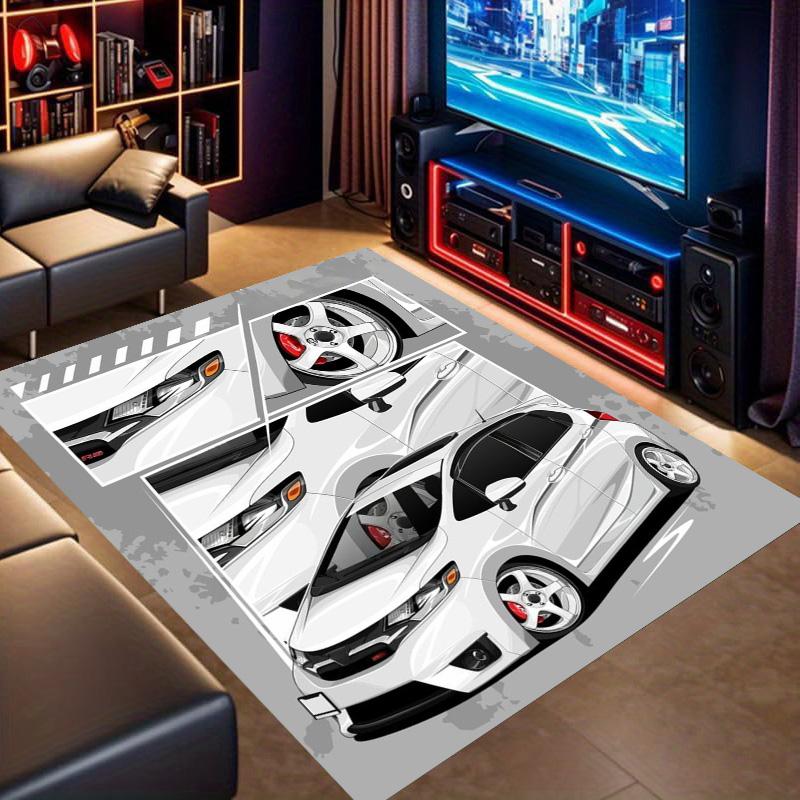 White Tuned Sport Car Split Comic Panel Print Area Rug Non‑Slip Rectangular Floor Mat Auto Fan Decor for Gaming Bedroom Living Room