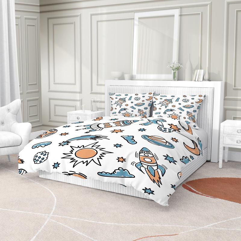 UFO Rocket Print Bedding Set Cartoon Theme Duvet Cover No Filler Soft and Comfortable Suitable for Children's Bedroom Decoration