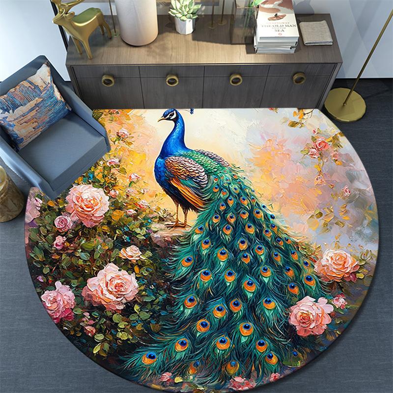 Peacock Garden Round Area Rug,Carpet Rug for Living Room Bedroom Sofa Playroom Decor,Non-slip Floor Mat