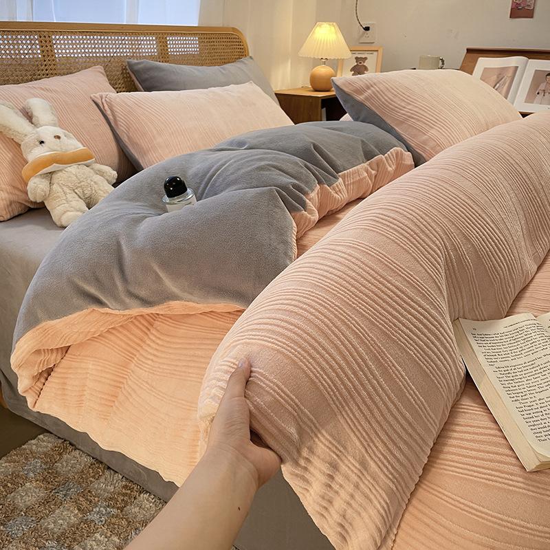 Double-Sided Thickened Milk Coral Fleece Bed Four-Piece Set Fleece Quilt Cover Coral Flannel Bed Sheet Bedding