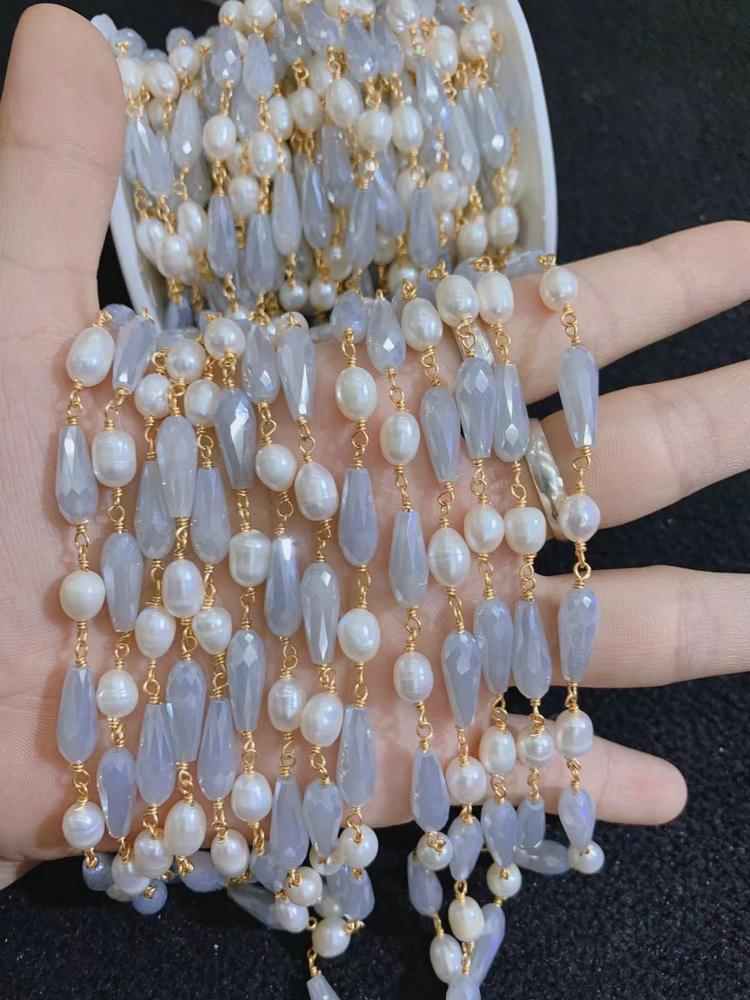 Bulk Sale Freshwater Pearl Chain Roll for Necklace Bracelet Making Hand Make Pearl Glass Crystal Brass Chain Jewelry