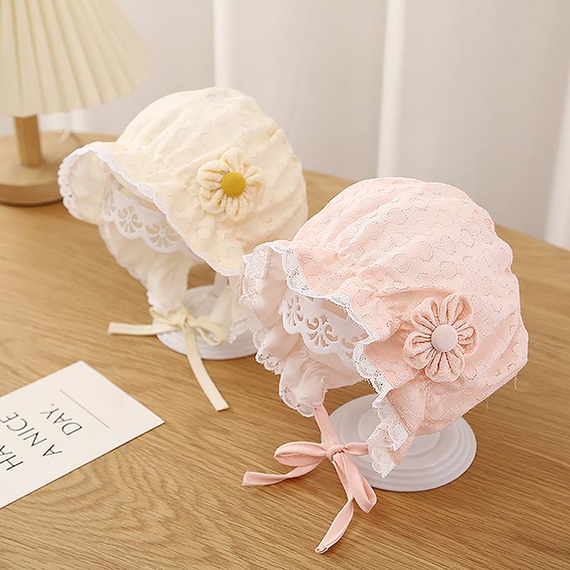Cute Baby Lace Flower Newborn Baby Bonnet Hat Princess Girls Ruffle Lace Up Cap Summer Breathable Mesh Infant Toddler Sun Hat