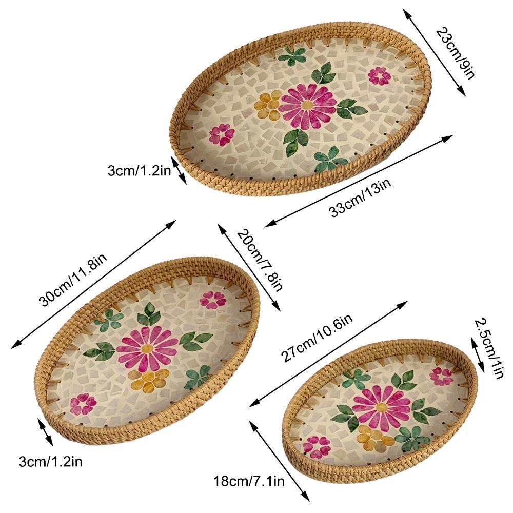 3Pcs Plant Fiber Serving Tray Woven Texture Breathable Structure Decorative Snack Tray Flat Tray Sturdy Fruit Tray Tea-Time Use