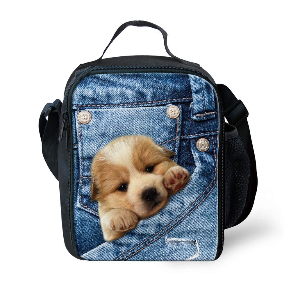 Classic Crossbody Denim pocket Cute Cat Dog Lunchbox Thermal insulation Food Lunch Bag 3D Printed Insulated Handbags Ice Bags