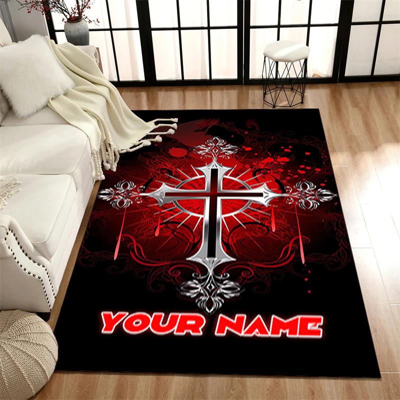 1PC Custom Name Elegant Gothic Cross Theme Floor Mat Ideal for Living Room, Game Rooms, Office, Bedroom,Floor Mat Playful Design