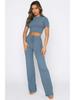 European and American Women's Fashion: Solid Color High-Elastic Shaping Rib-Knit Short-Sleeve Top & Wide-Leg Pants Two-Piece Set.