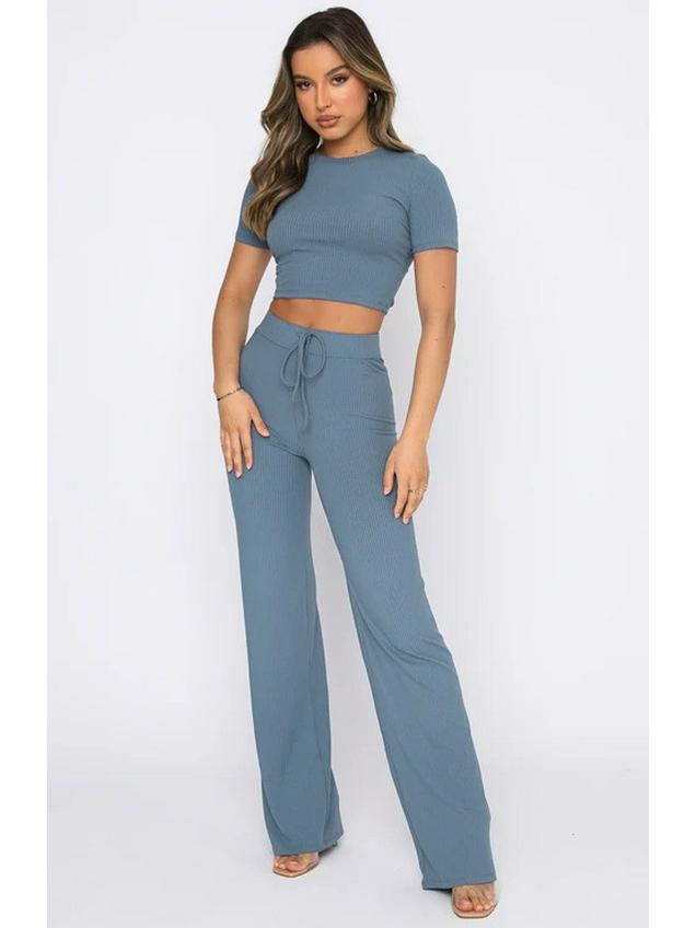 European and American Women's Fashion: Solid Color High-Elastic Shaping Rib-Knit Short-Sleeve Top & Wide-Leg Pants Two-Piece Set.