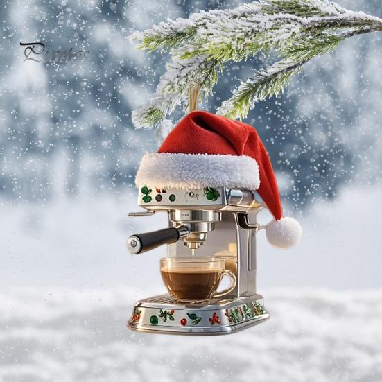Coffee Machine Christmas Ornament Acrylic Santa Hat Mini Coffee Machine Pendant Keepsake Holiday Car Backpack Charm Gift for Coffee Lovers