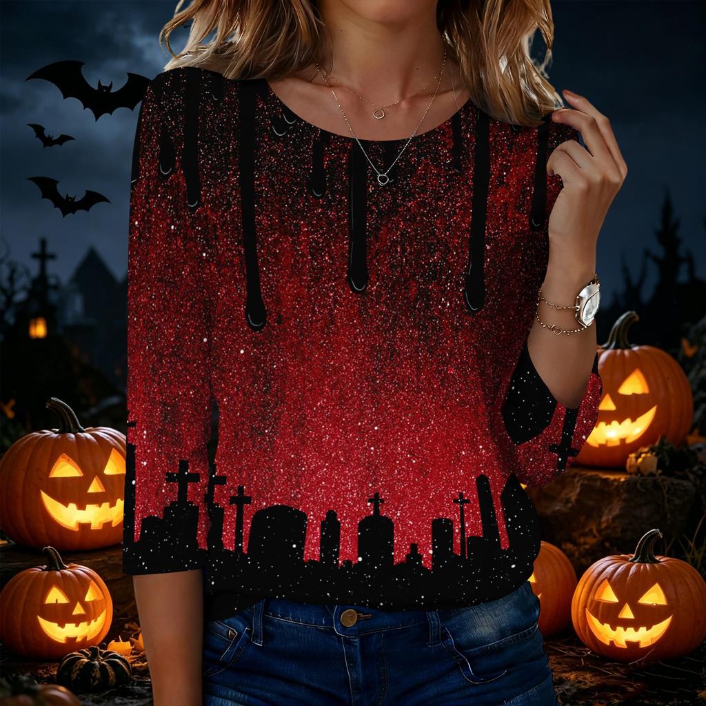 Women's Casual Crew Neck Three Quarter Sleeve Halloween Graphic T-Shirt Top Lightweight Comfortable Fit for Everyday Wear