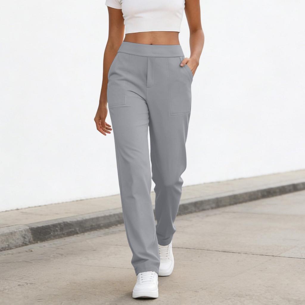 Women's Fashionable Color High Waisted Elastic Straight Leg Casual Pants With Pockets, Yoga And Fitness Pants