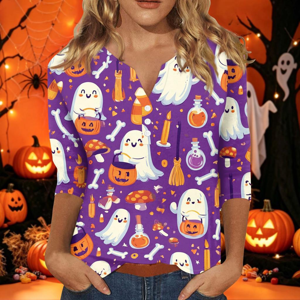 Women's Halloween Print V-Neck 3/4 Sleeve T-Shirt with Decorative Buttons Casual Top