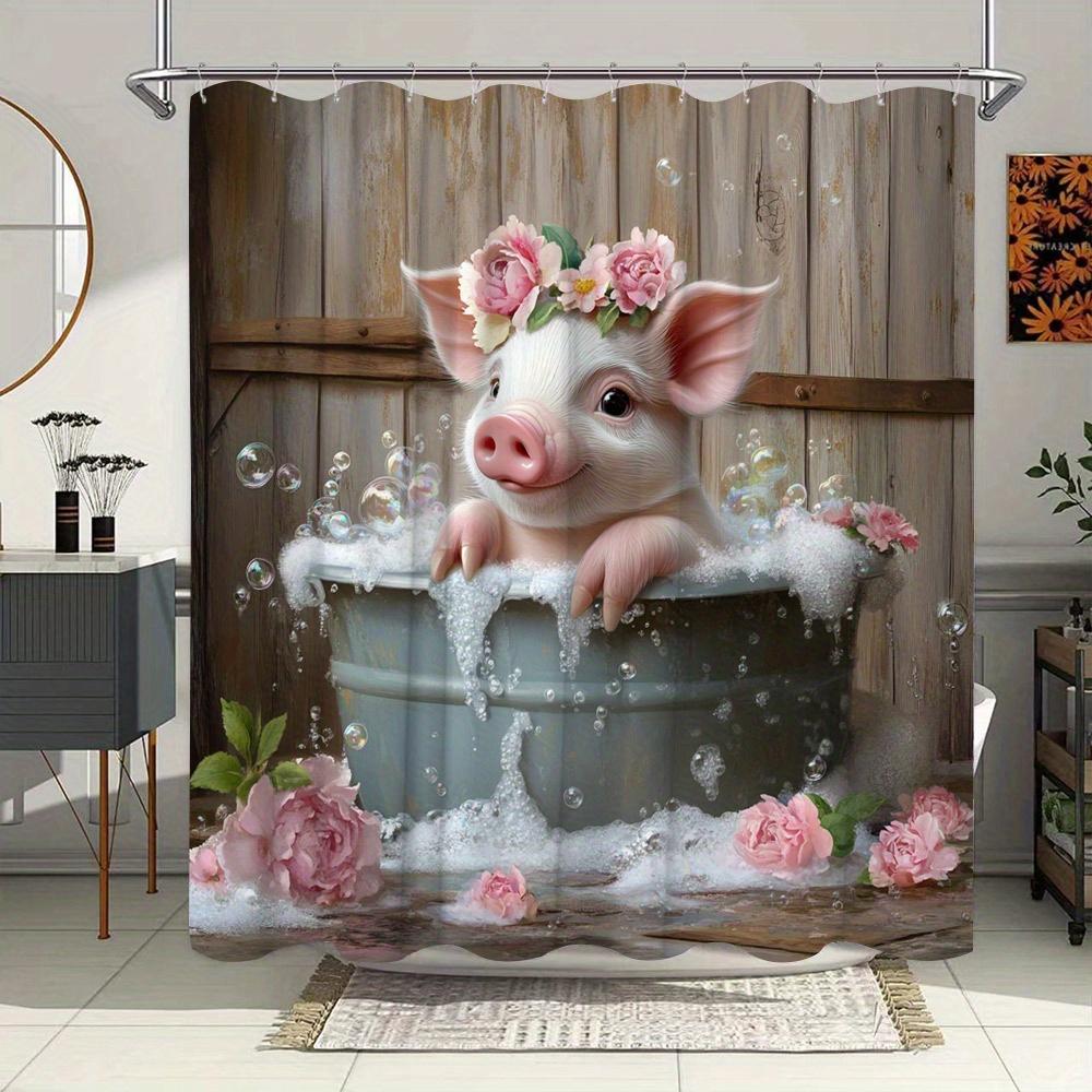 Whimsical Pink Piglet Shower Curtain, Digital Illustration, Romantic & Water-resistant, Polyester, 12 Hooks, Bathroom Decor
