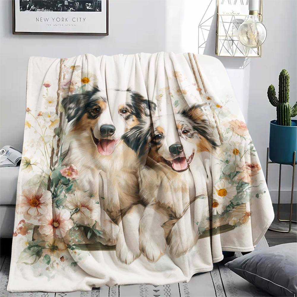 Two Australian Shepherds,pattern Flannel Blanket, High quality Comfortable for All Seasons, Home Decor, Warmth and Comfort, Perfect for Gifts.
