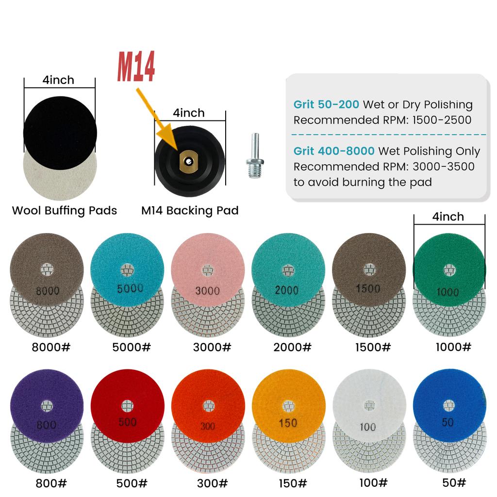 10-16pcs 4 inch Diamond Polishing Pads Kit Wet/Dry Buff Disc Abrasive Grinding Discs Set for Granite Concrete Glass Polishing
