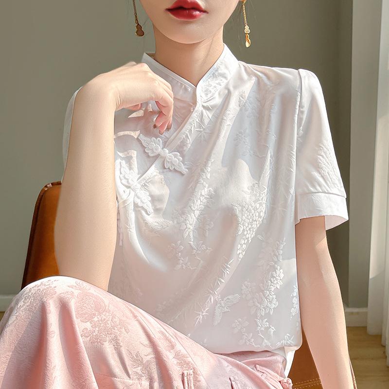 Damen Chinesischer Froschknopf Satin T-Shirt: Kurzärmelig, Stehkragen, Retro-Stil