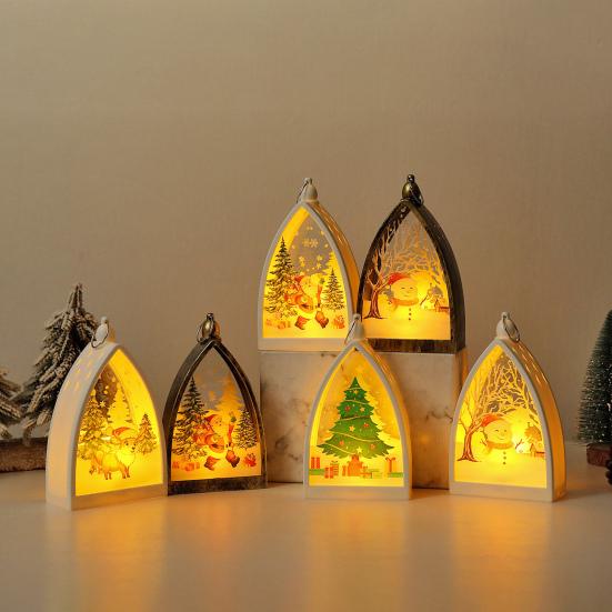 Vintage Christmas Ornament House Shape Santa Claus Deer Snowman Statue Night Light Glowing Decoration