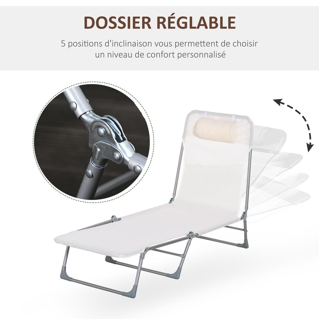 Sun Lounger Reclining Folding Deck Chair with Pillow Backrest Adjustable To 5 Levels Cream