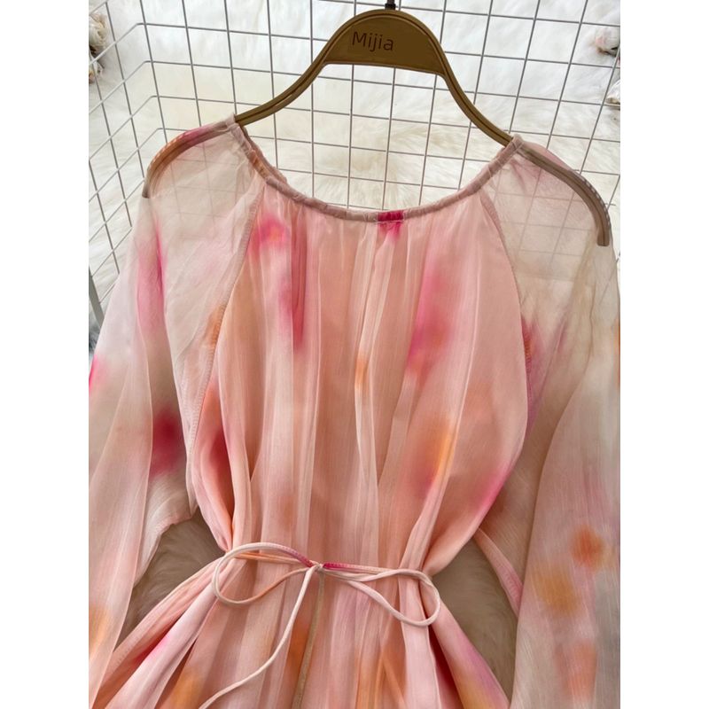 Gentle Long Sleeves Tie Dye Wide Hem Printed Dress